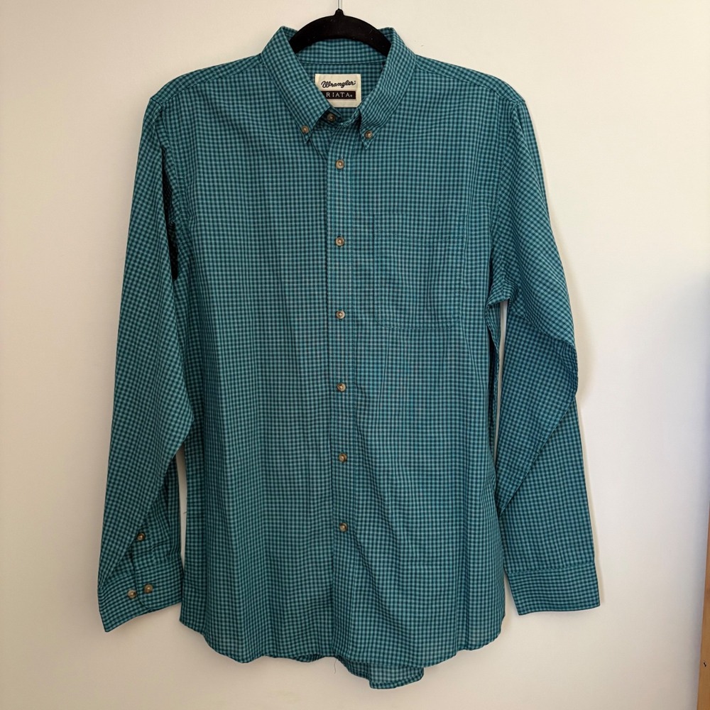 Wrangler Riata Boys XXL Teal Black Gingham Check‎ Long Sleeve Button Down Shirt